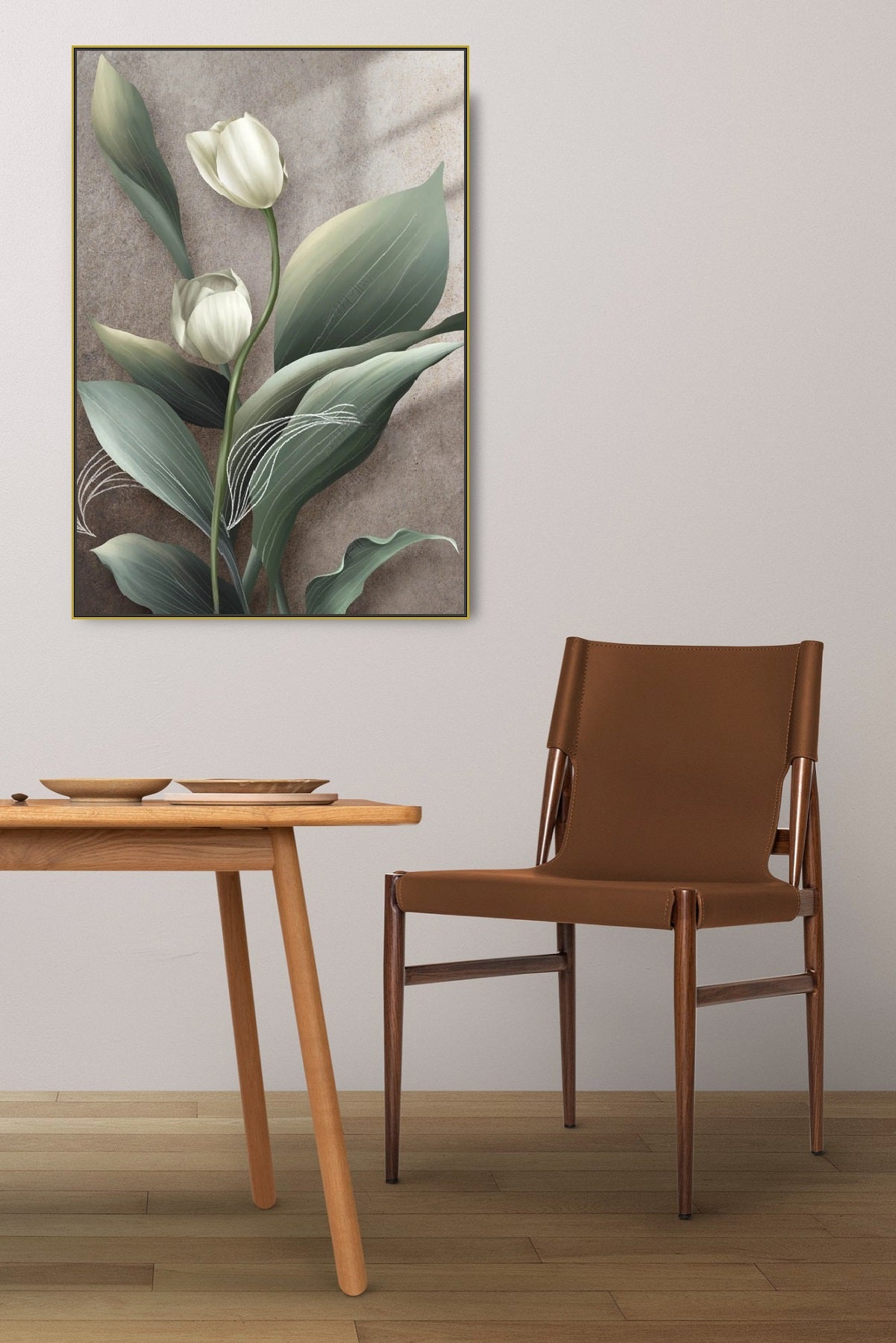 Whie tulips canvas print, large floral wall art, printable floating frame artwork, framed botanical canvas print, living room wall art