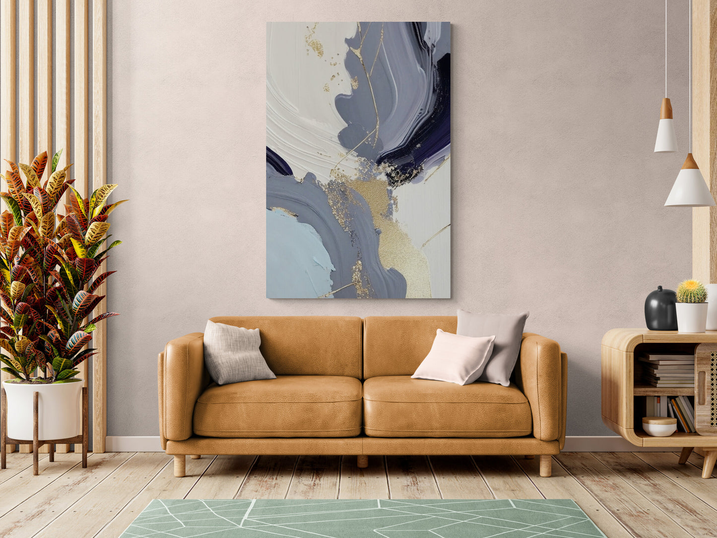 Large abstract wall art, blue floater frame canvas print, printable wall hanging decor, aluminum frame artwork, modern living room wall art