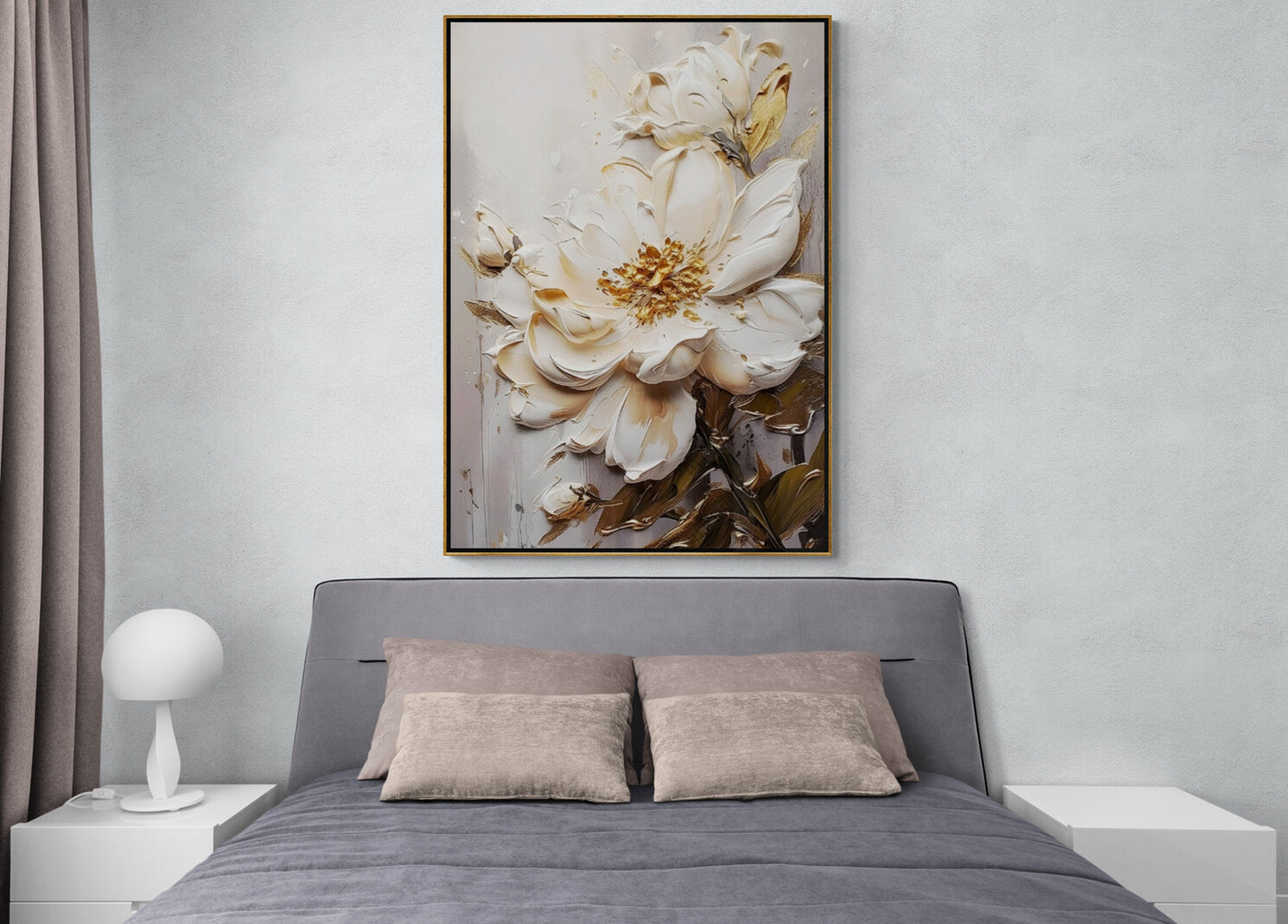 Large floral wall art, framed 3d flower artwork, printable botanical wall art, white flower oil paint canvas print, gentle bedroom wall art