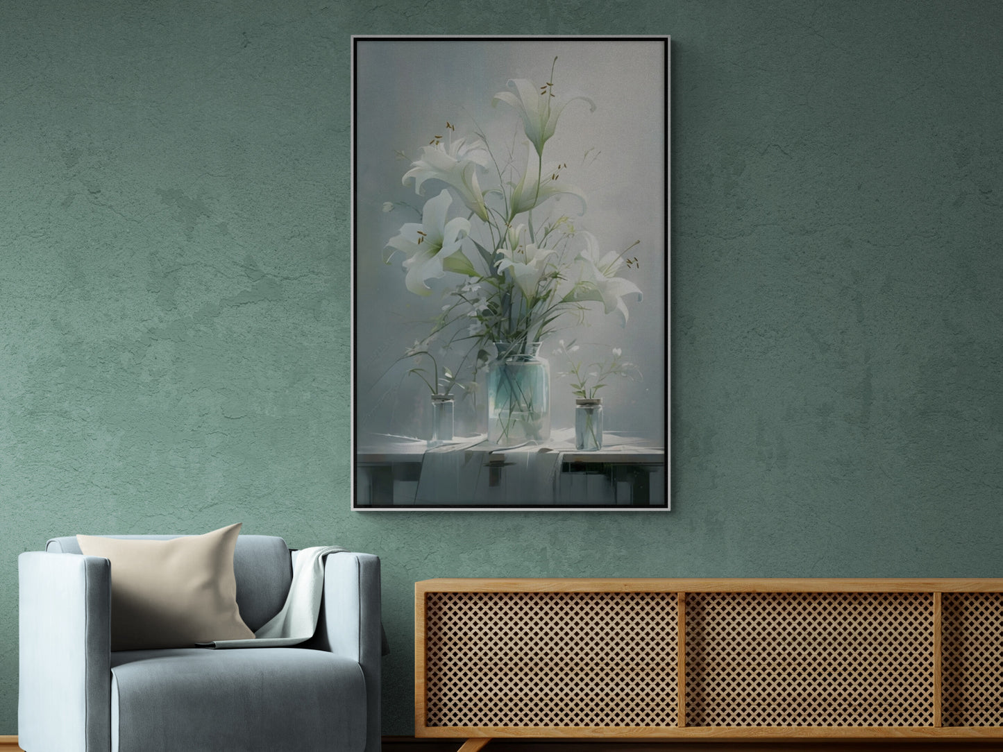 Floral bouquet wall art, floater frame lilies canvas print, modern printable white flowers artwork, calm living room wall art, large artwork