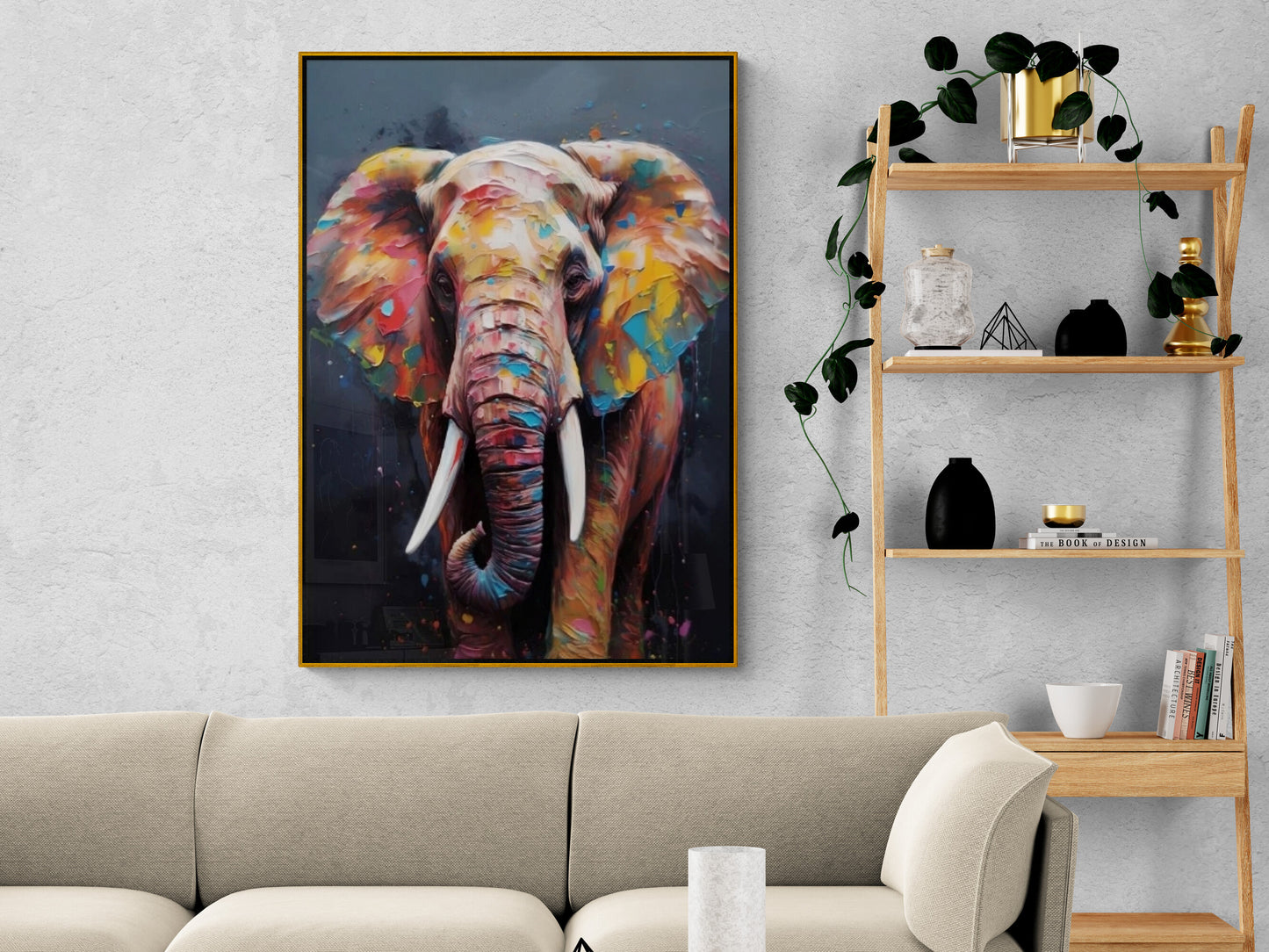 Colorful elephant wall art, large animal canvas print, printable oil paint effect artwork, modern floater frame wall art, bedroom artwork