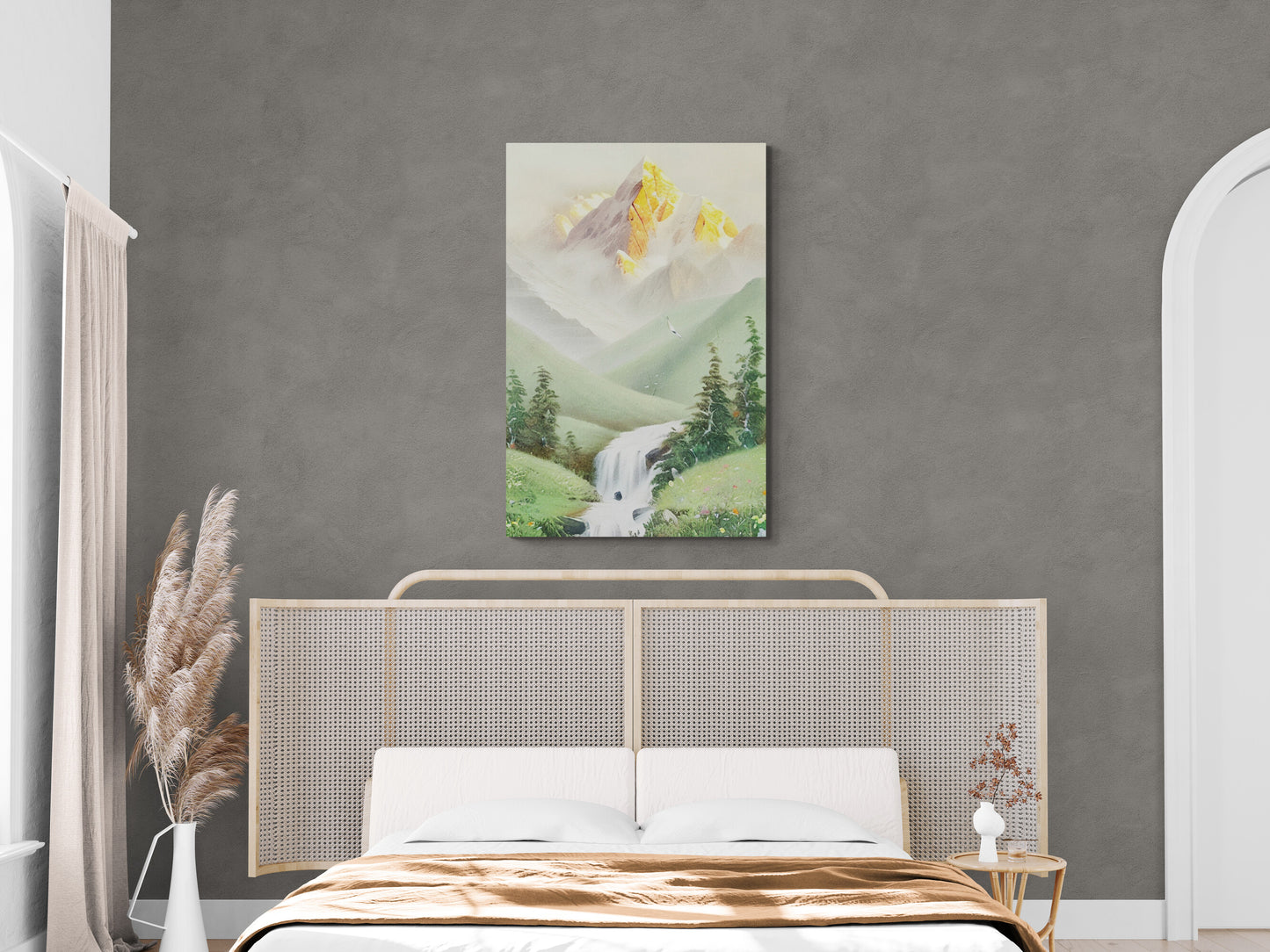 Mountains wall art, vertical panoramic artwork, golden mountain canvas print, landscape artwork, snowy mountain art print, framed nature wall art, mother gift