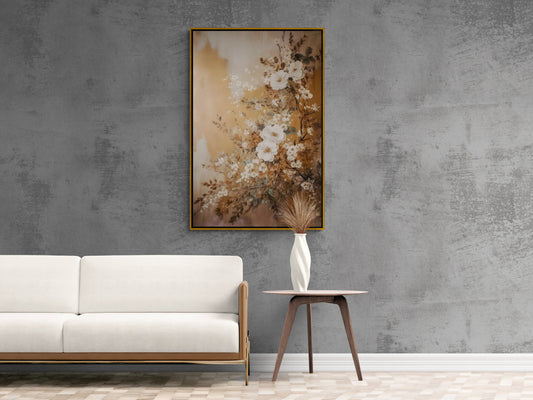 Floral wall art abstract oil painting effect canvas print, framed artwork flowers, neutral wall art, living room artwork