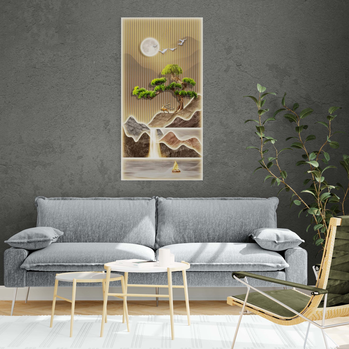 Japandi wall art, chinoiserie canvas print, large nature art print, framed botanical wall art, framed mountains wall art, vertical living room art print