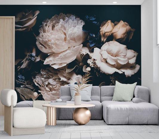 Dark floral wallpaper, Peel and stick peonies wallpaper mural, Extra large floral wall mural, Big flowers wallpaper, Temporary wall mural for bedroom