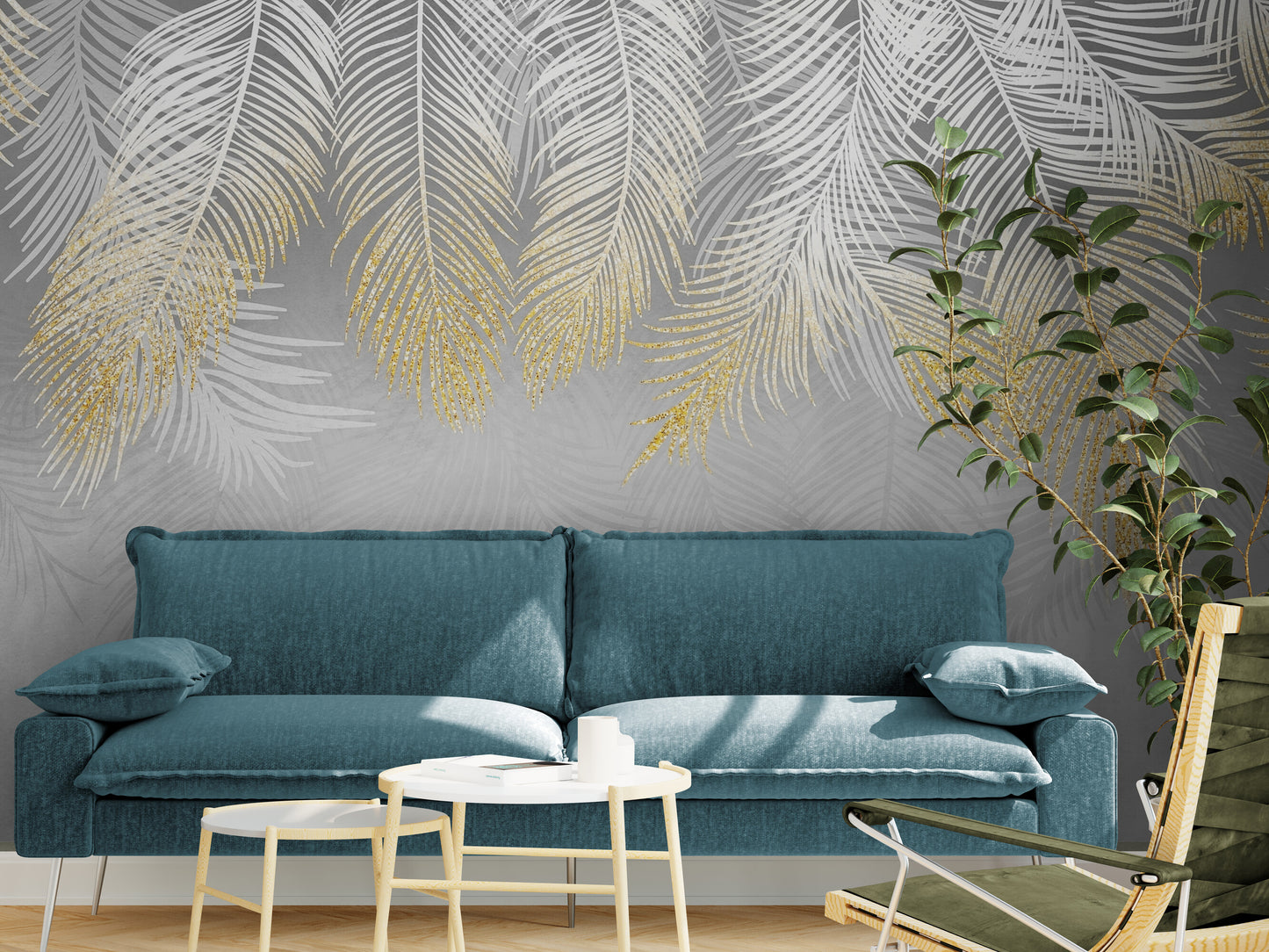 Feathers wallpaper, peel and stick abstract wall mural, removable wallpaper for living room or bedroom, wallpaper with leaves