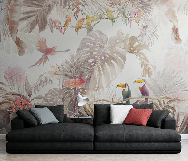 Botanical self adhesive wall mural, peel and stick nature wallpaper, accentual tropical wallpaper, removable wallpaper with birds