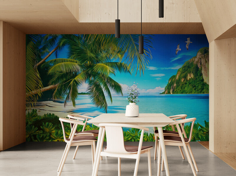 Extra large tropical wallpaper, seascape wall mural, self adhesive wallpaper with palm trees, green peel and stick wallpaper, accentual botanical wall mural for living room