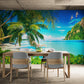 Extra large tropical wallpaper, seascape wall mural, self adhesive wallpaper with palm trees, green peel and stick wallpaper, accentual botanical wall mural for living room