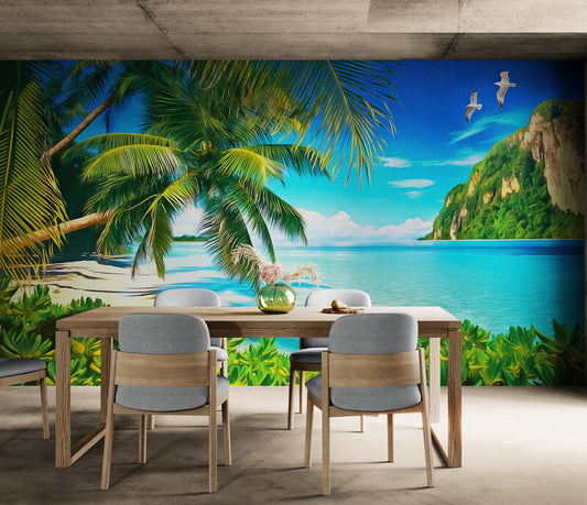 Extra large tropical wallpaper, seascape wall mural, self adhesive wallpaper with palm trees, green peel and stick wallpaper, accentual botanical wall mural for living room