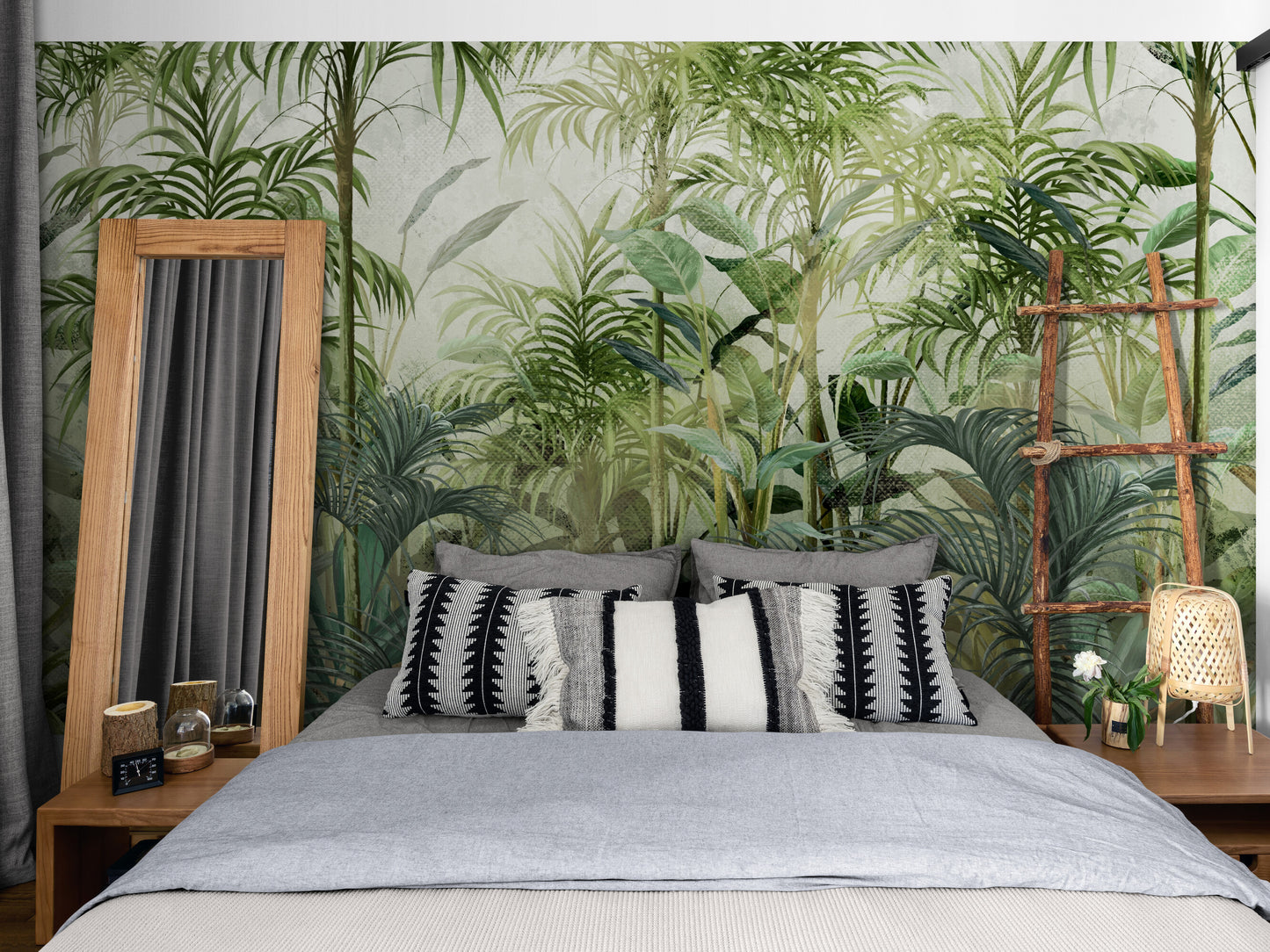 Self adhesive tropical wall mural, botanical peel and stick wallpaper mural, accent wallpaper with green plants, removable herbs wall mural, extra large living room wallpaper