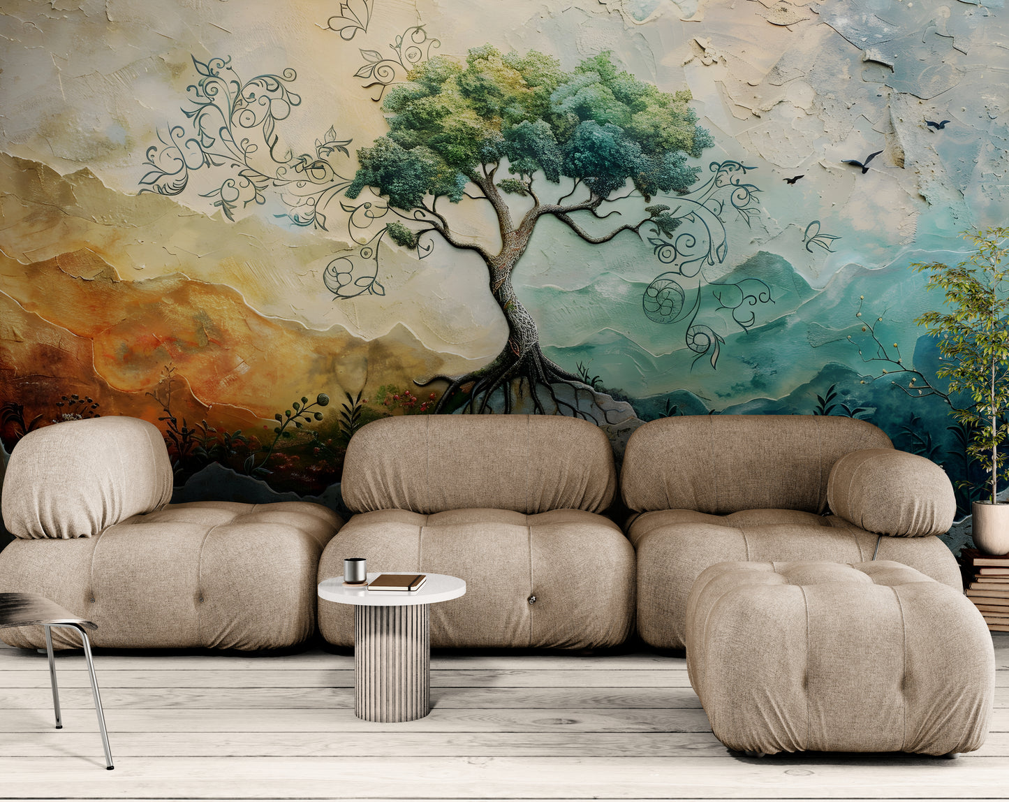 Tree of life wallpaper, botanical peel and stick wall mural, self adhesive wallpaper with large tree image, removable wallpaper mural, colorful nature wall mural, accent wallpaper