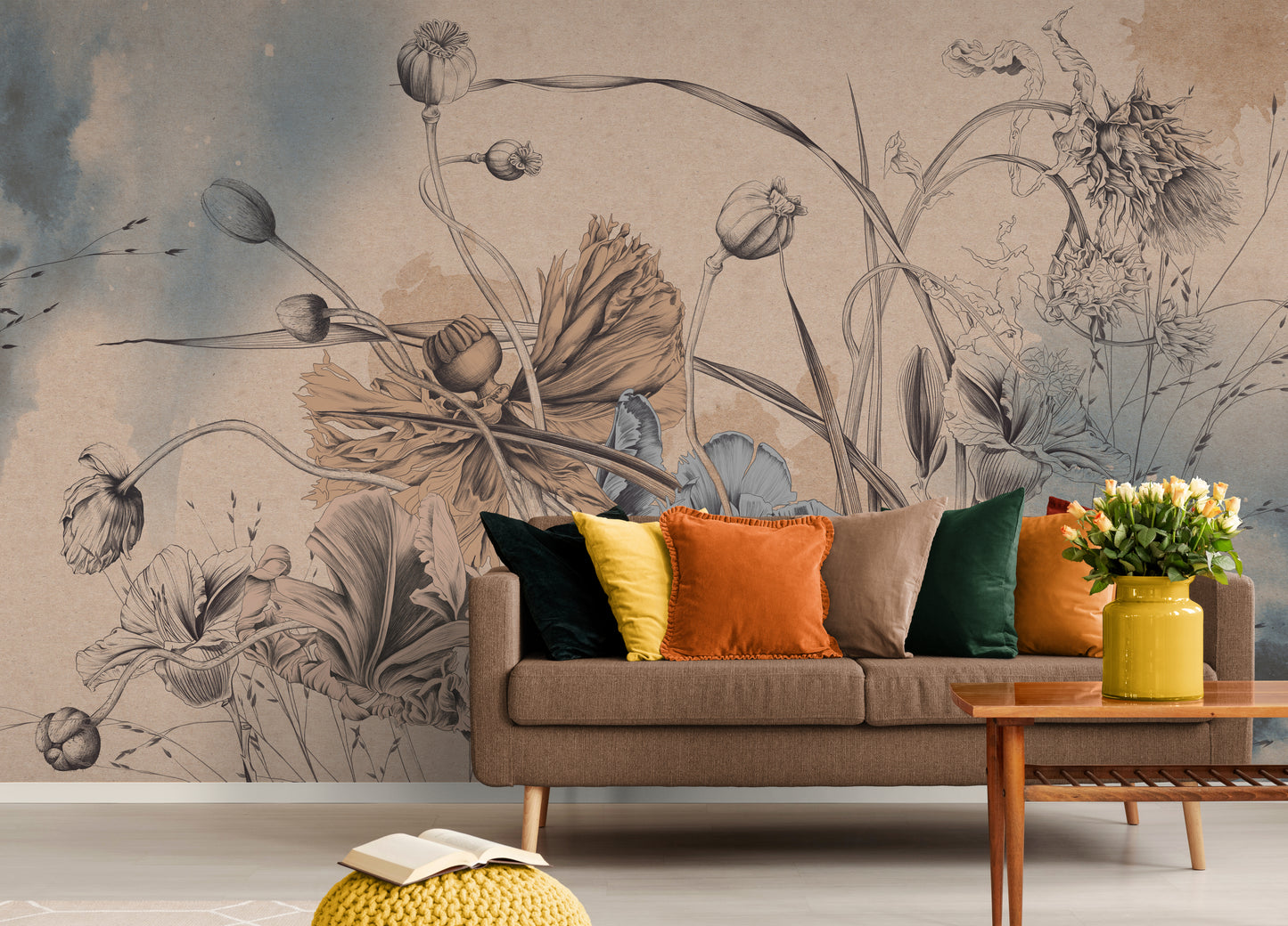 Extra large herbs wallpaper, self adhesive wall mural with poppies image, neutral botanical wallpaper, peel and stick floral wall mural, removable wallpaper