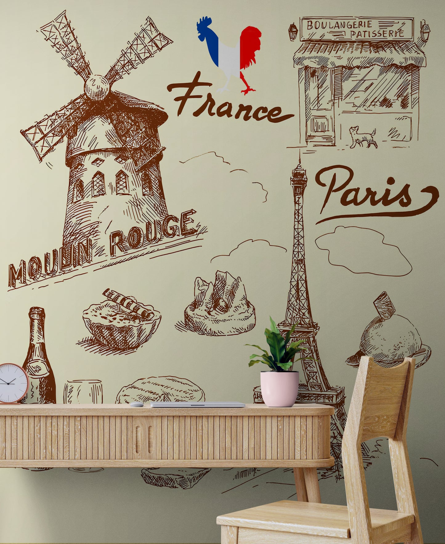 Kitchen wallpaper, peel and stick wall mural with Paris motifs, self adhesive wallpaper with France food image, accent wall mural for dining room, removable wallpaper mural