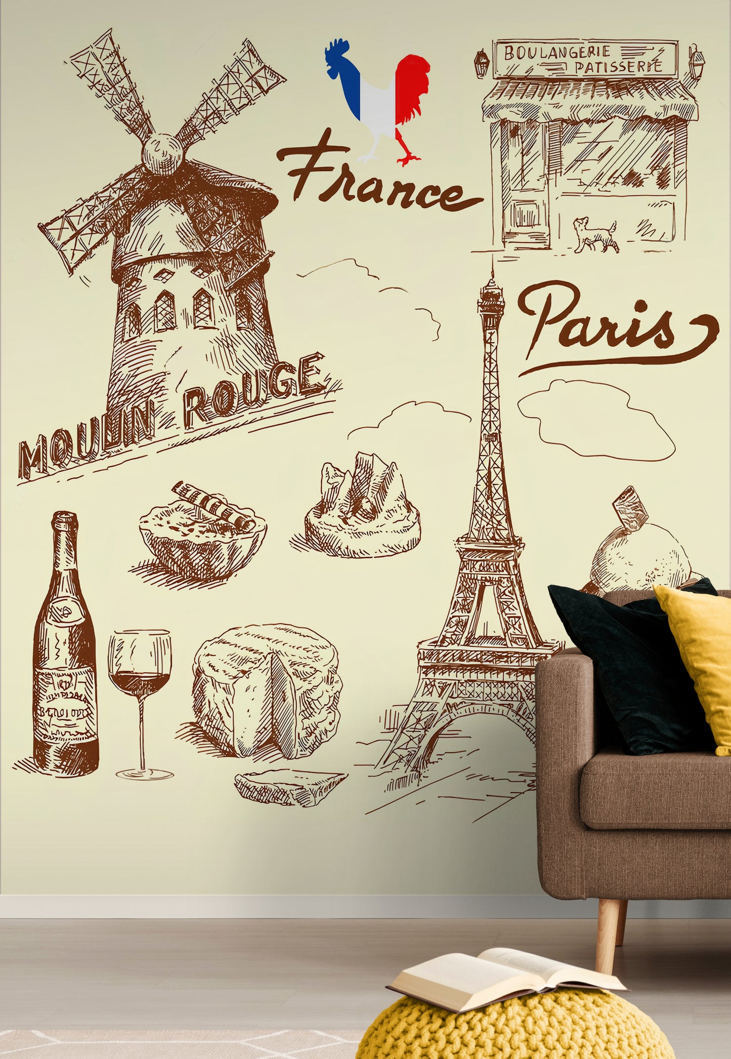 Kitchen wallpaper, peel and stick wall mural with Paris motifs, self adhesive wallpaper with France food image, accent wall mural for dining room, removable wallpaper mural