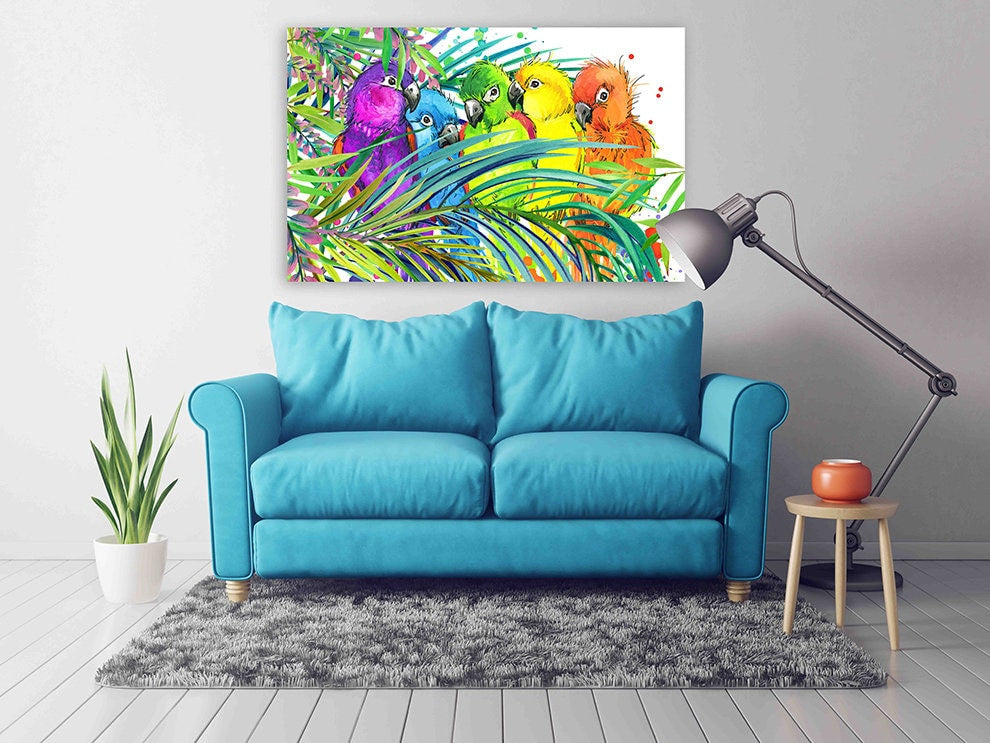 Bird wall art, Parrot wall art paintings on canvas, tropical wall art, home wall decor canvas painting bright wall art extra large wall art