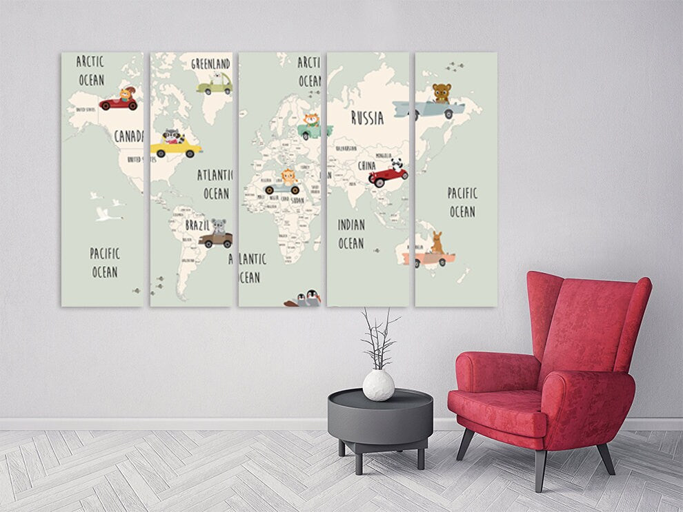 Children's world map wall art paintings on canvas, nursery wall art, world map wall art,  home wall decor, canvas painting, world map canvas