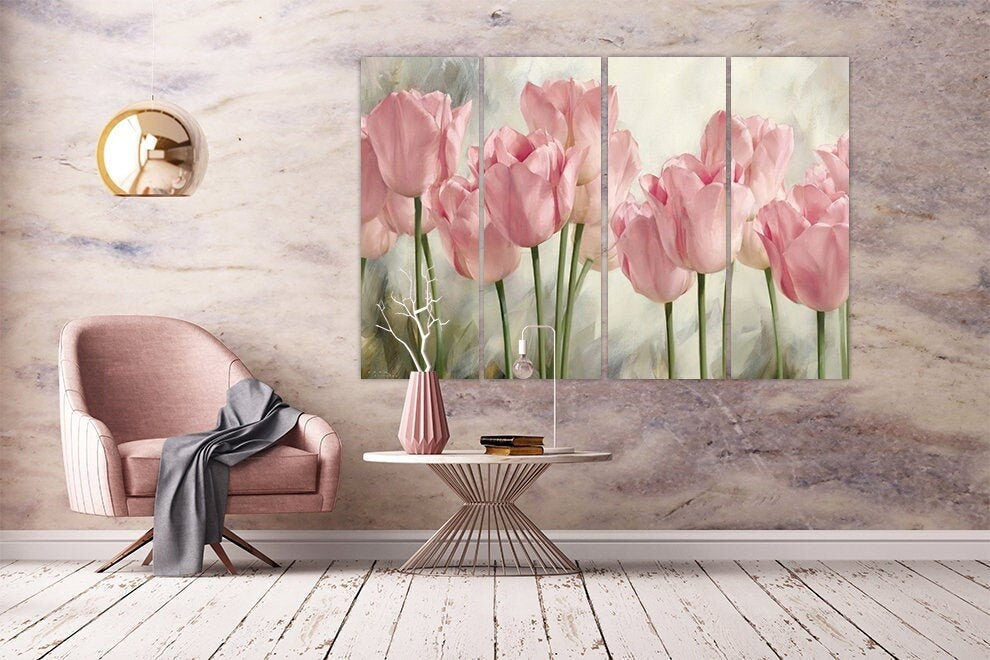 Pink tulips, Flowers wall art paintings on canvas, home wall decor, canvas painting, wall hanging decor, wall art for bedroom