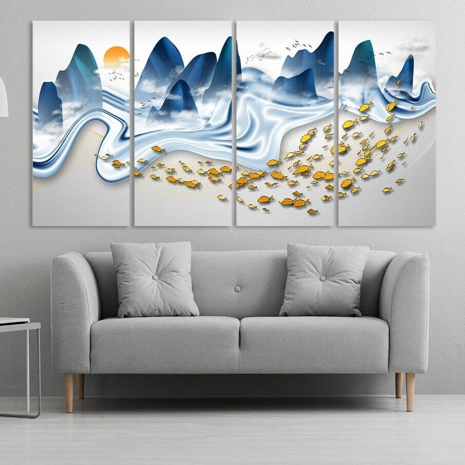 Goldfish print Gapanese wall art Mountain wall decal Blue ridge mountains line art wall print Modern abstract canvas painting