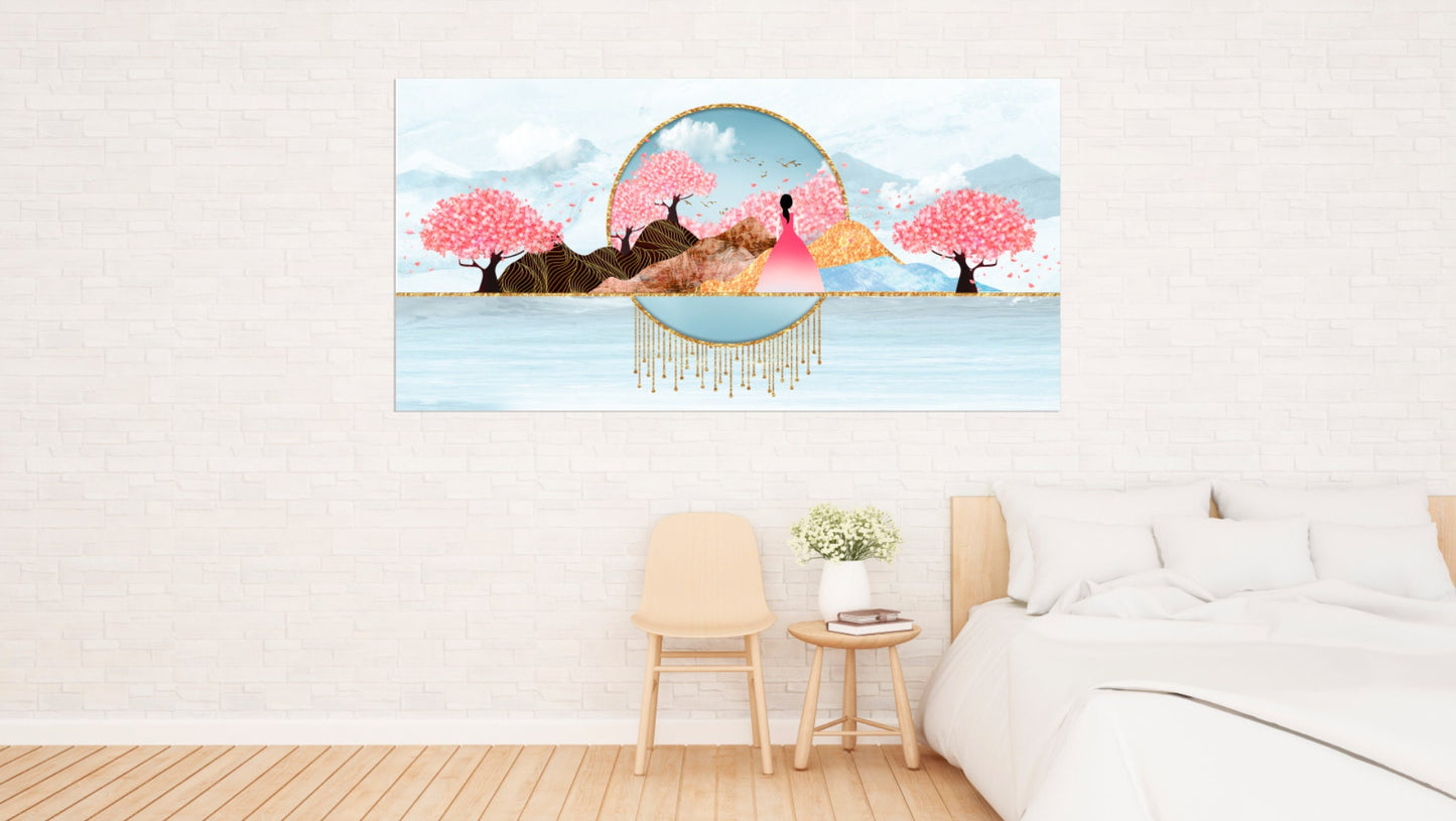 Sakura blossoms Japanese wall art Canvas painting Home wall decor 3 piece frame canvas Rocks and mountains Asian wall art