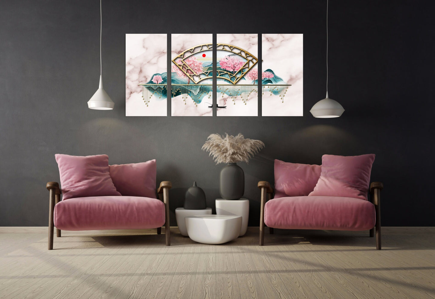 Home wall decor  Marble painting Japanese wall art Canvas painting 3 piece frame canvas Rocks and mountains Asian wall art Sakura blossoms