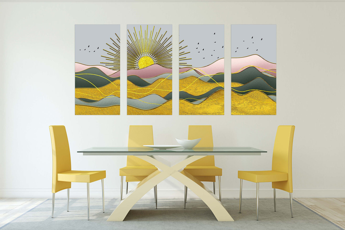 Indie room decor Golden sun Rocks and mountains 3 panel canvas Home wall decor Outdoors mountains wall art Canvas painting