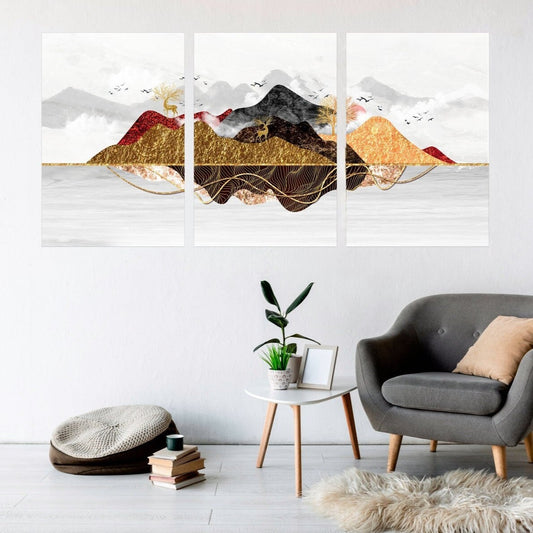 Framed wall art mountains Golden deer Smoky mountains wall art 3 panel canvas Outdoors mountains Canvas painting Home wall decor