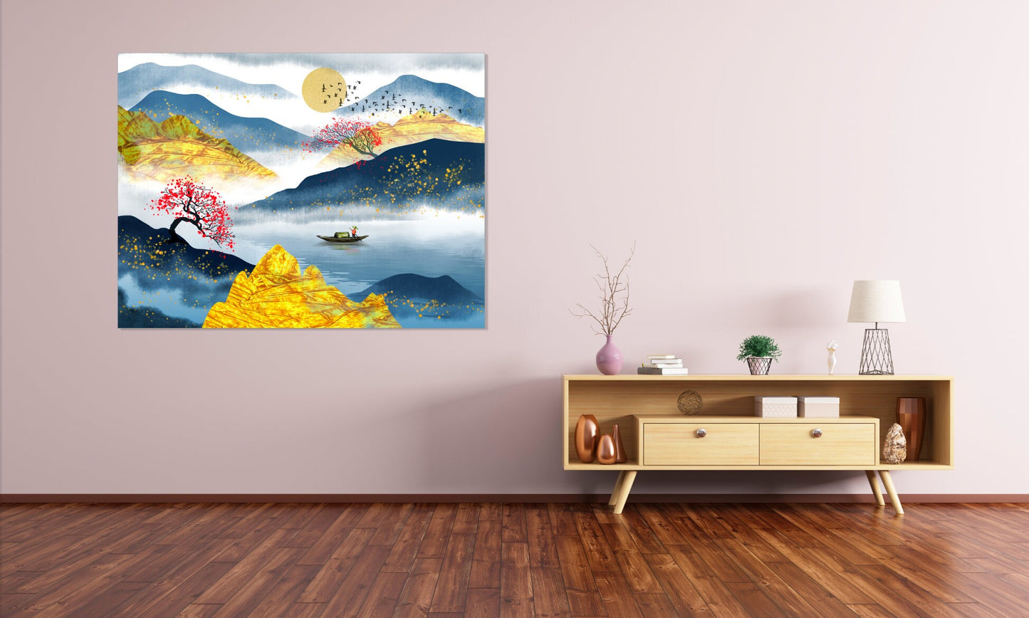 Mountain Lake decor Home wall decor Canvas painting Rocks and mountains Thin blue line Boat wood Sakura blossoms Felt boat