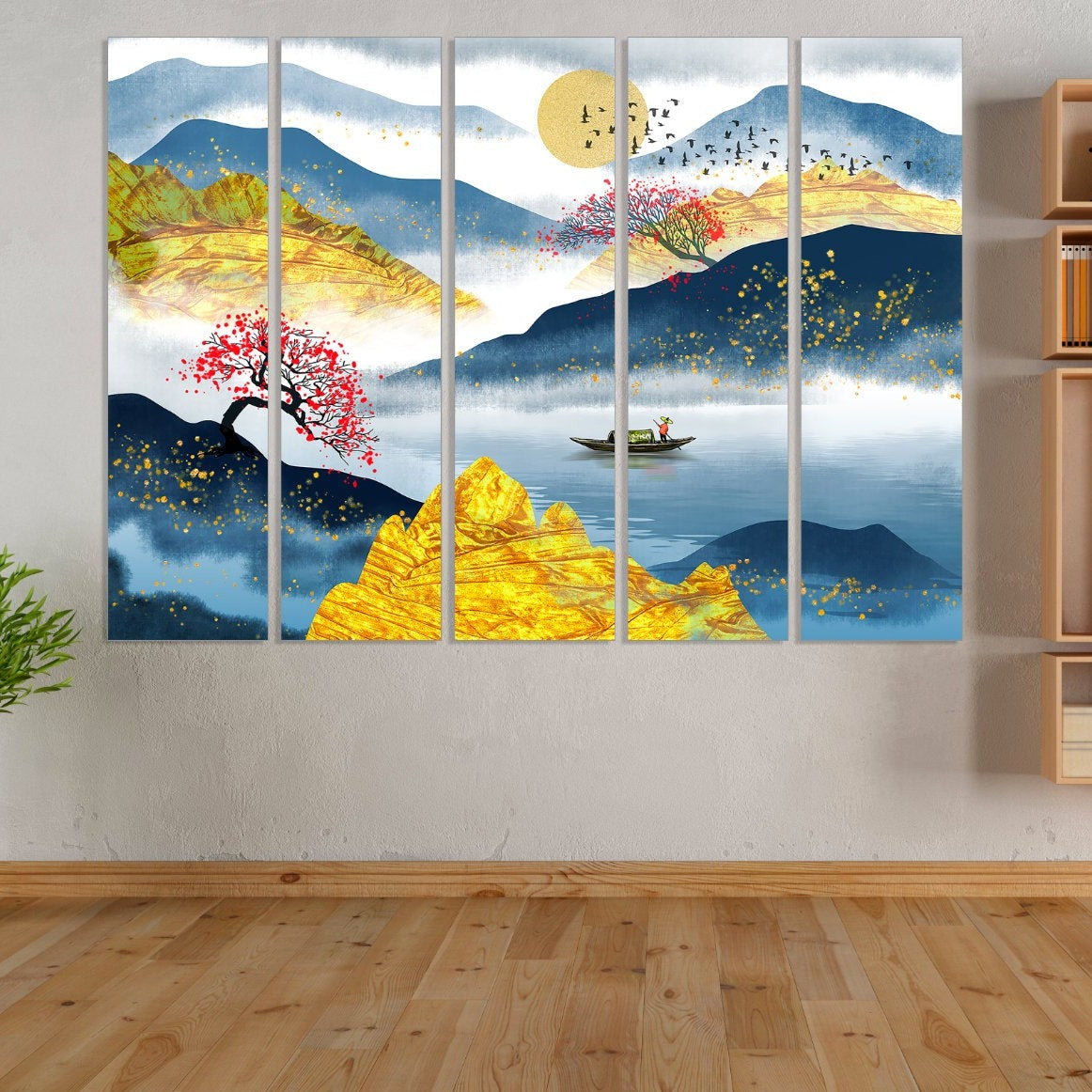 Mountain Lake decor Home wall decor Canvas painting Rocks and mountains Thin blue line Boat wood Sakura blossoms Felt boat