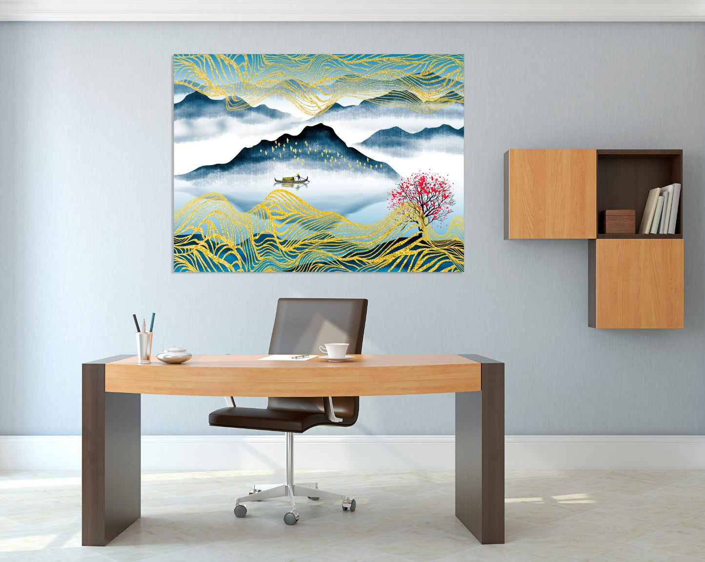 Boat wood Sakura blossoms Felt boat Mountain Lake decor Home wall decor Canvas painting Rocks and mountains Thin blue line