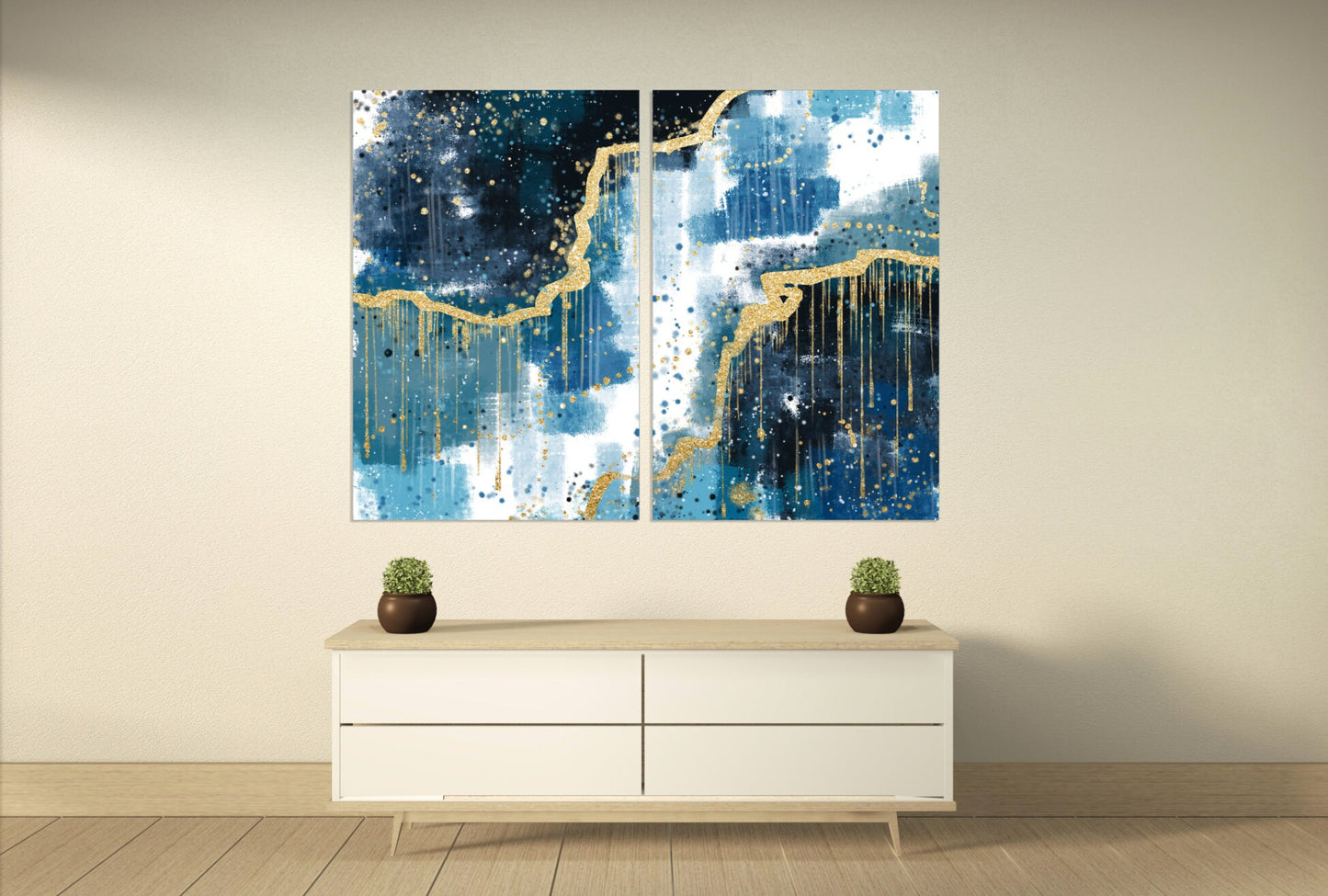 Home wall decor Abstract colorful painting large Expressionist painting 3 piece frame canvas Large abstract painting blue and gold