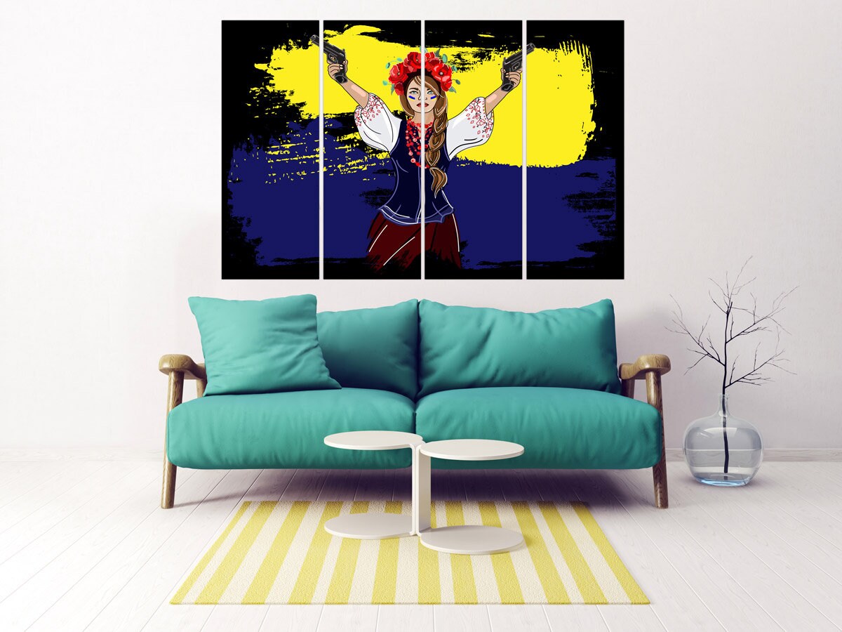 Ukrainian painting canvas Ukrainian girl print Blue and yellow gallery wall art Patriotic decor gift, Ukrainian sellers, Buy ukrainian art