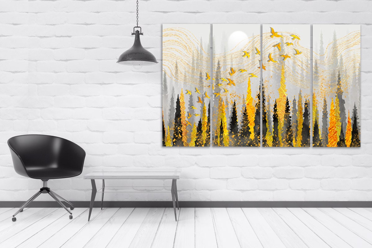 Black and gold forest wall art, Nature canvas painting, housewarming and wedding gift, farmhouse wall decor, multi panel wall art