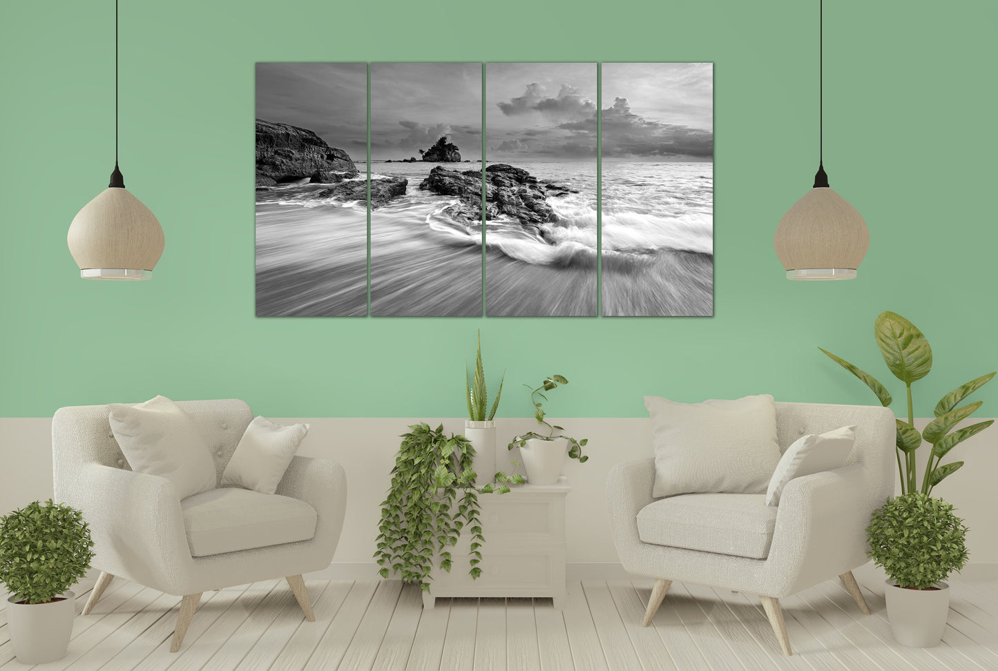 Seascape painting, large black and white canvas wall art, sea shore prints beach wall decor canvas painting