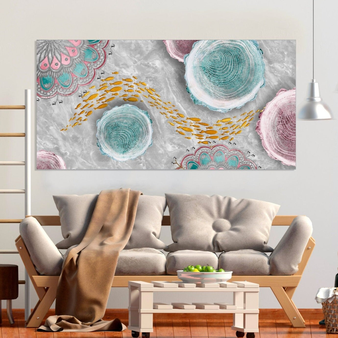 Japanese wall art, asian goldfish art, abstract canvas painting, horizontal home decor wall art, extra large multi panel wall art