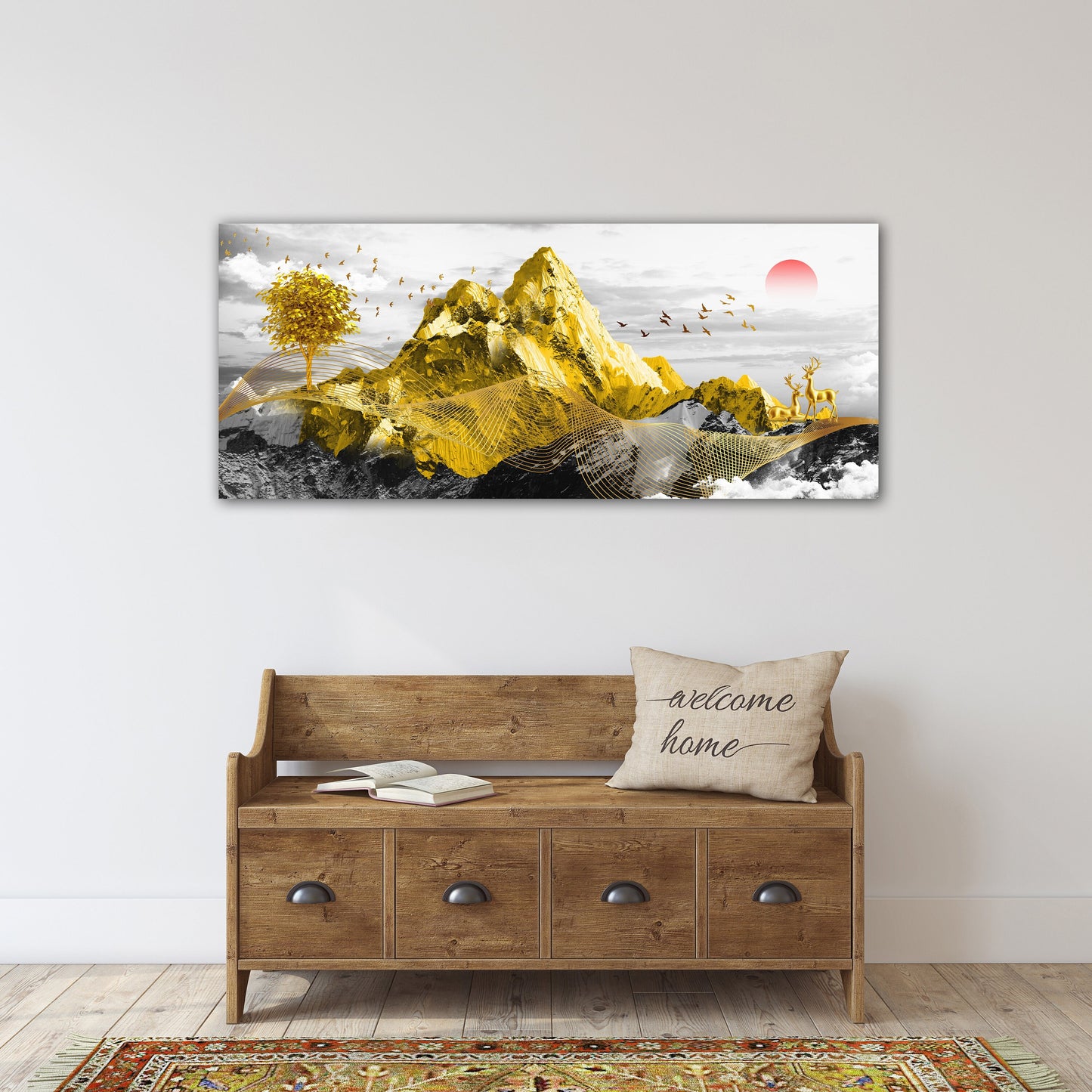 Gold mountains japanese wall art canvas paintings, wall pictures mountains, asian nature wall art, bedroomwall decor, mountain art print