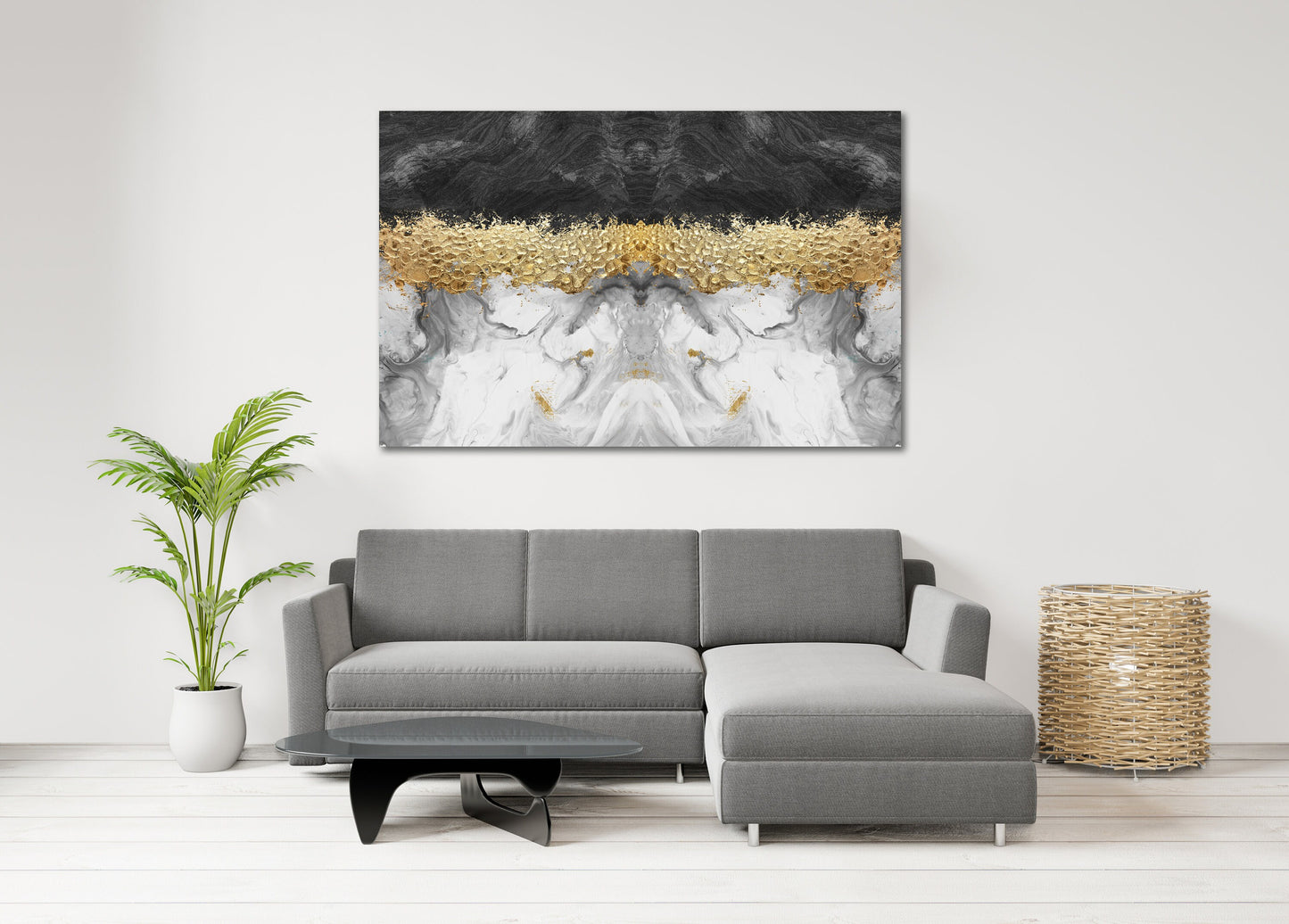 Black white and gold abstract oversized wall art, modern extra large canvas painting