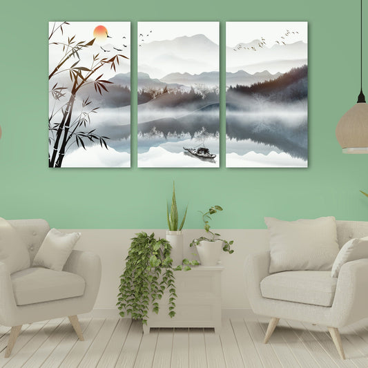 Asian framed wall art, blue ridge mountains canvas painting, rocks and mountains 3 piece frame canvas, mountains posters