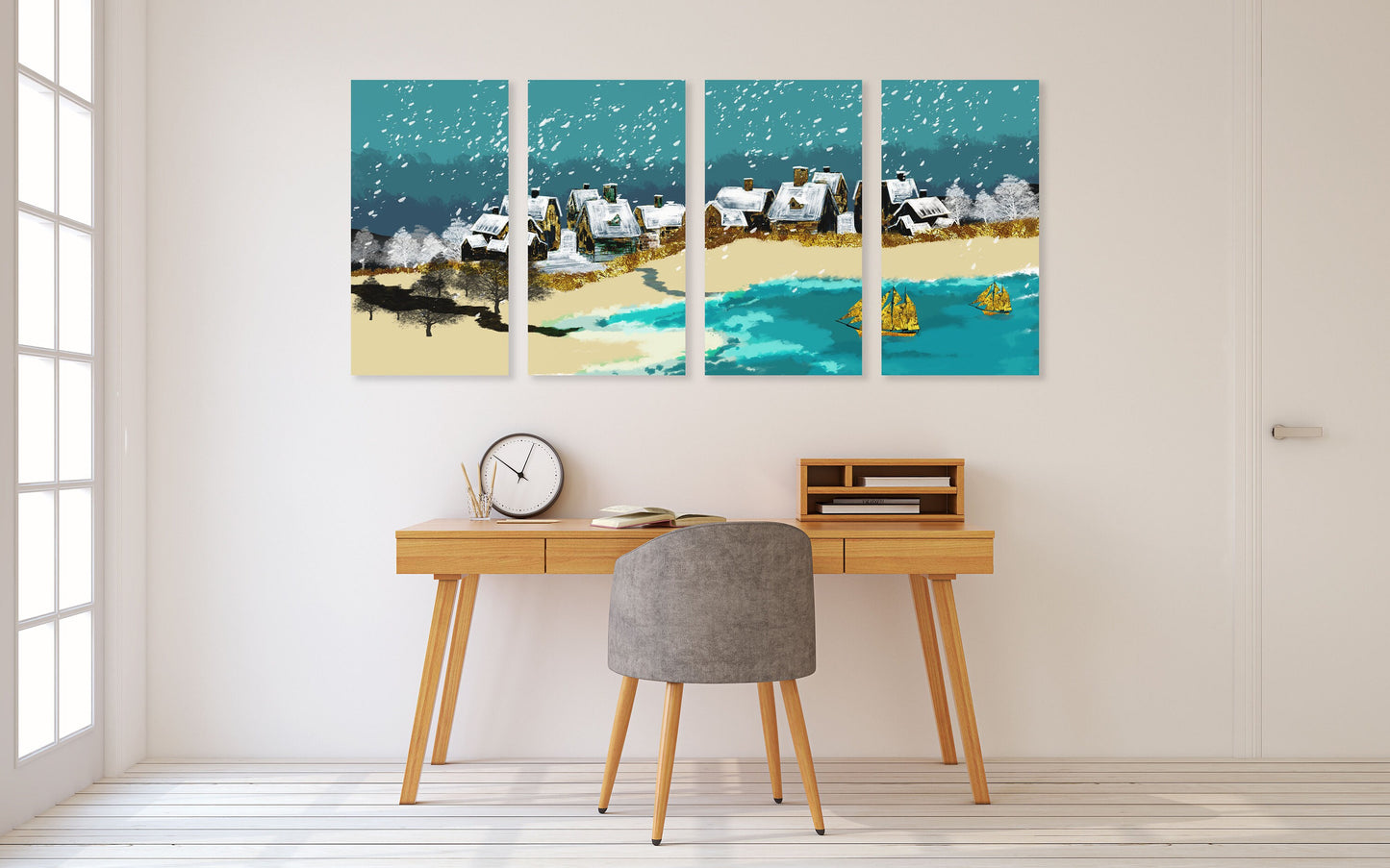 Sailboat wall art, seascape painting, blue gold wall art, travel prints large nature wall art sea, multi panel canvas