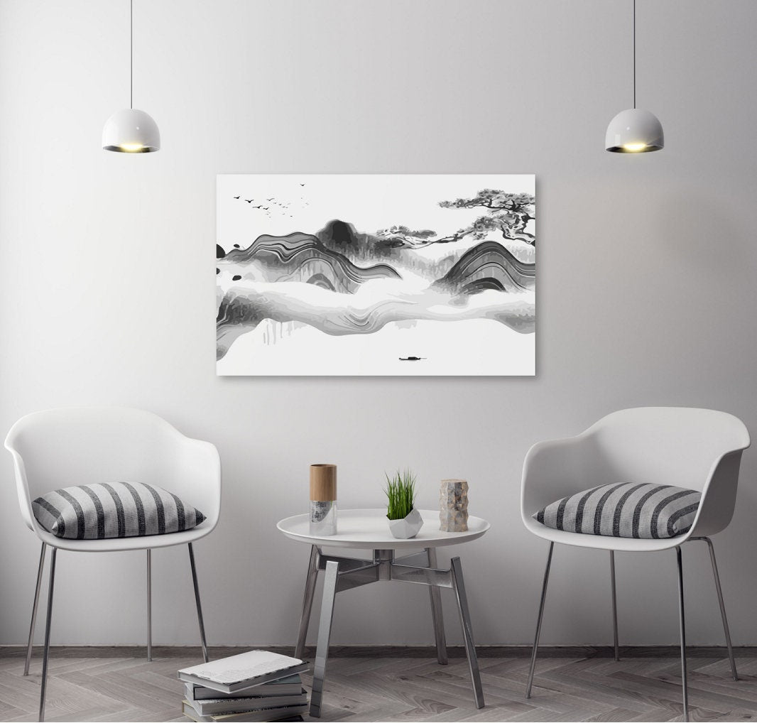 Rocks and mountains wall art, mountains canvas painting, modern abstract canvas, black and white wall art