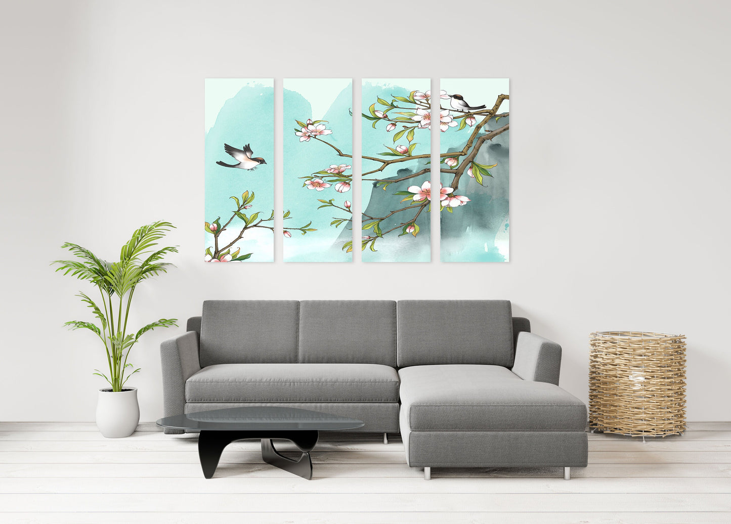 Sakura bonsai tree wall art, sakura blossoms canvas painting, floral asian wall decor japanese wall art bird prints wall art gift home decor