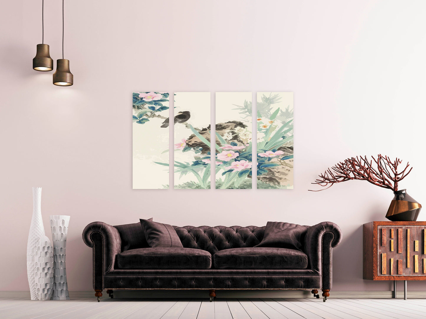 Floral asian wall decor, sakura bonsai tree wall art, sakura blossoms canvas painting japanese wall art bird prints wall art gift home decor