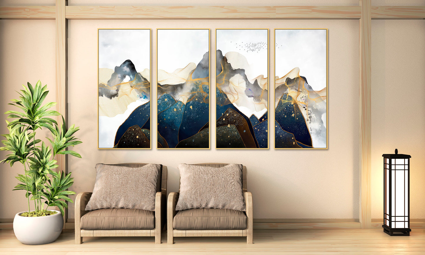 Abstract framed blue mountains canvas wall art, large landscape printable wall art in gold floating frame, set of 3 artworks for home