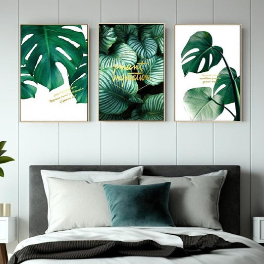 Three piece plant wall prints in floating frame, modern minimalist framed botanical artwork, original green printable set of 3 canvas arts