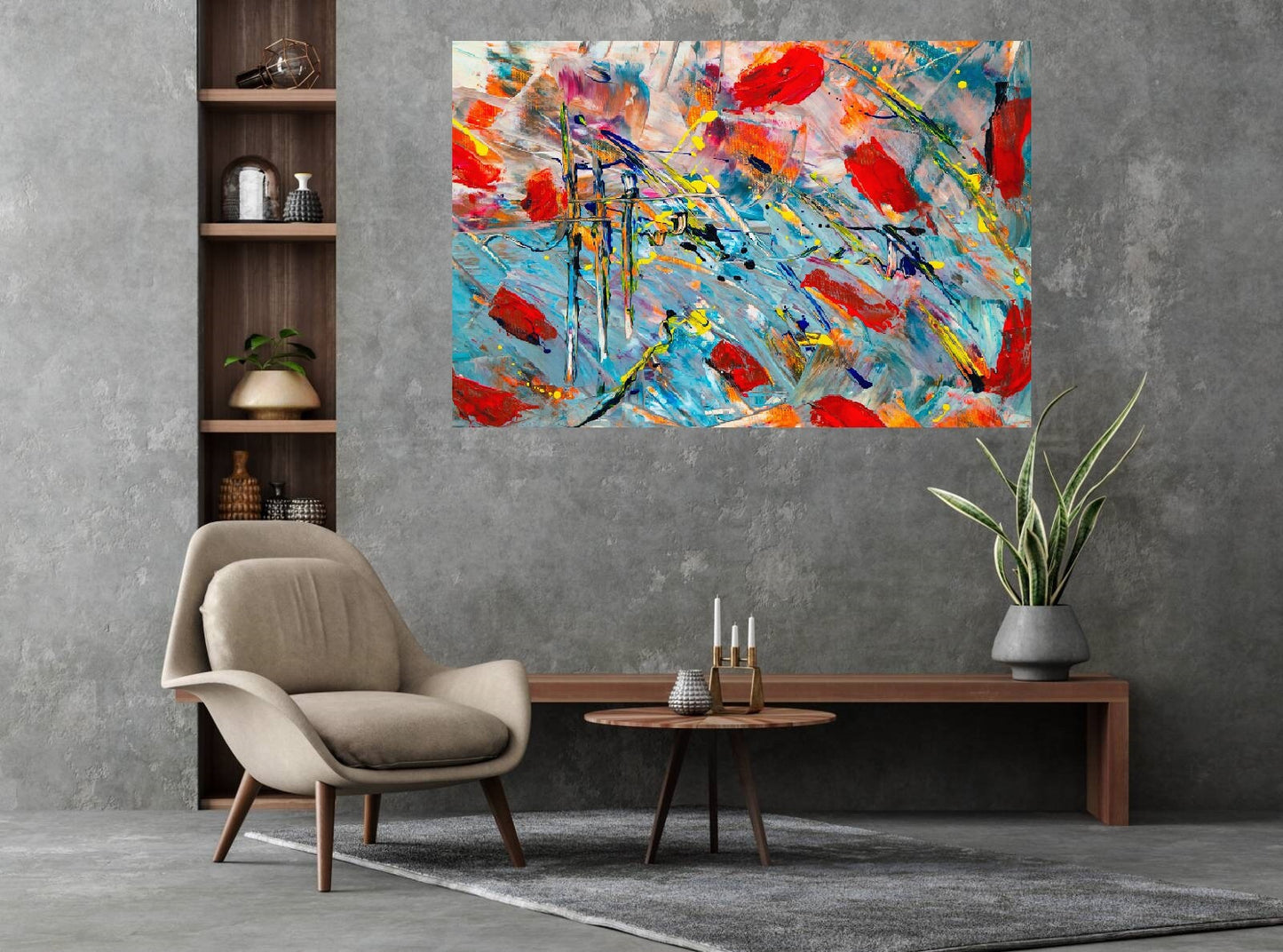 Modern oil painting hanging wall art, abstract multi colored framed art print in floating frame, extra large colorful abstract wall art