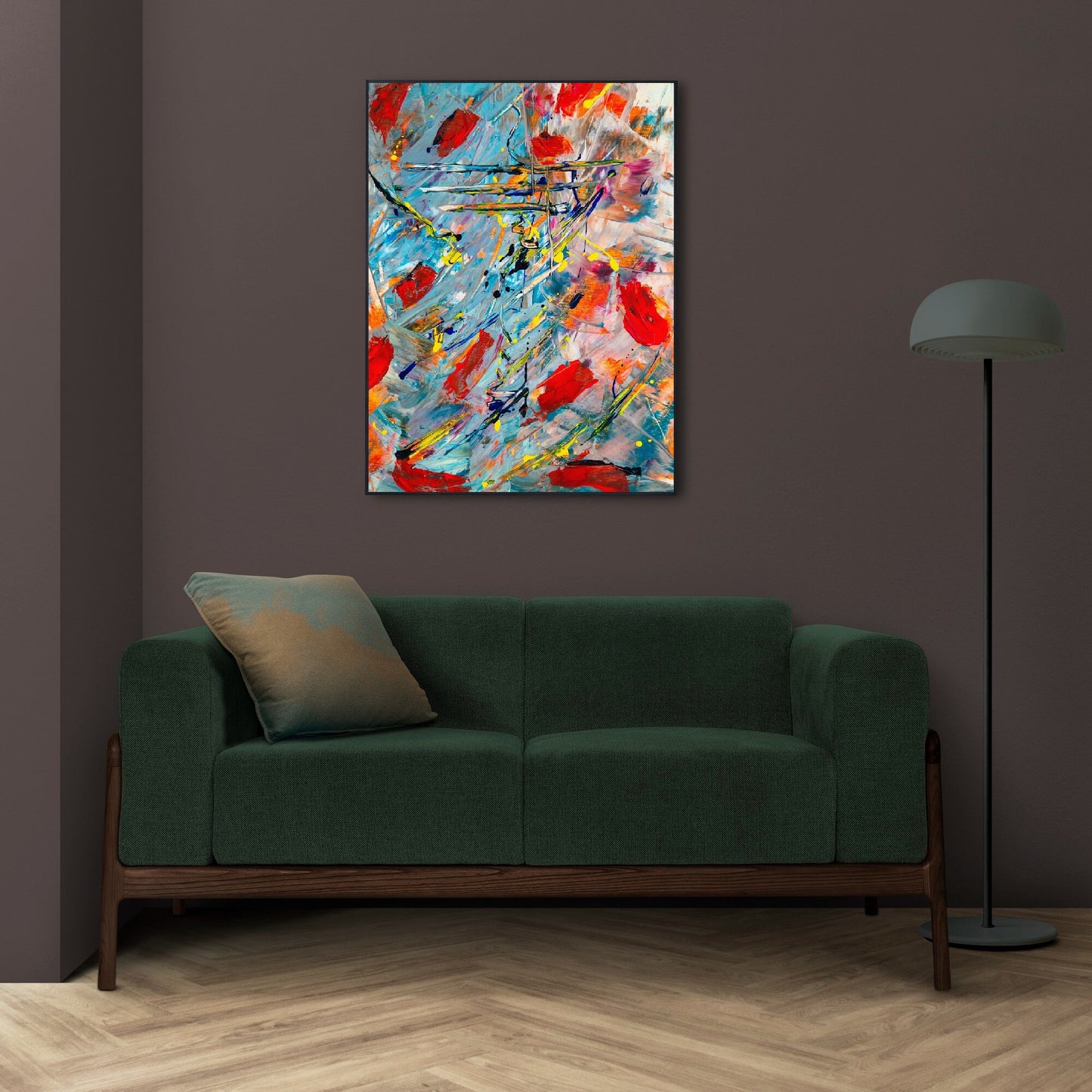 Modern oil painting hanging wall art, abstract multi colored framed art print in floating frame, extra large colorful abstract wall art