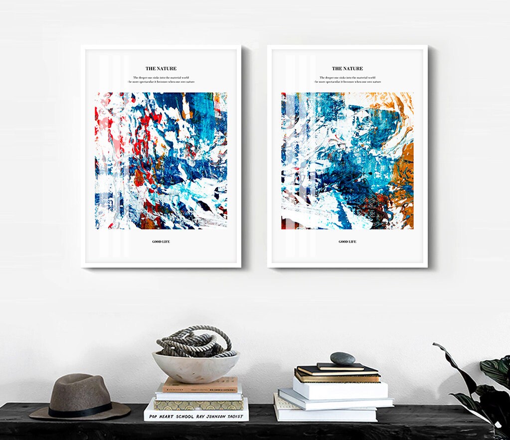 Abstract 3 piece canvas wall arts, framed blue printable artwork, set of three floater frame prints, three colorful framed artworks for home