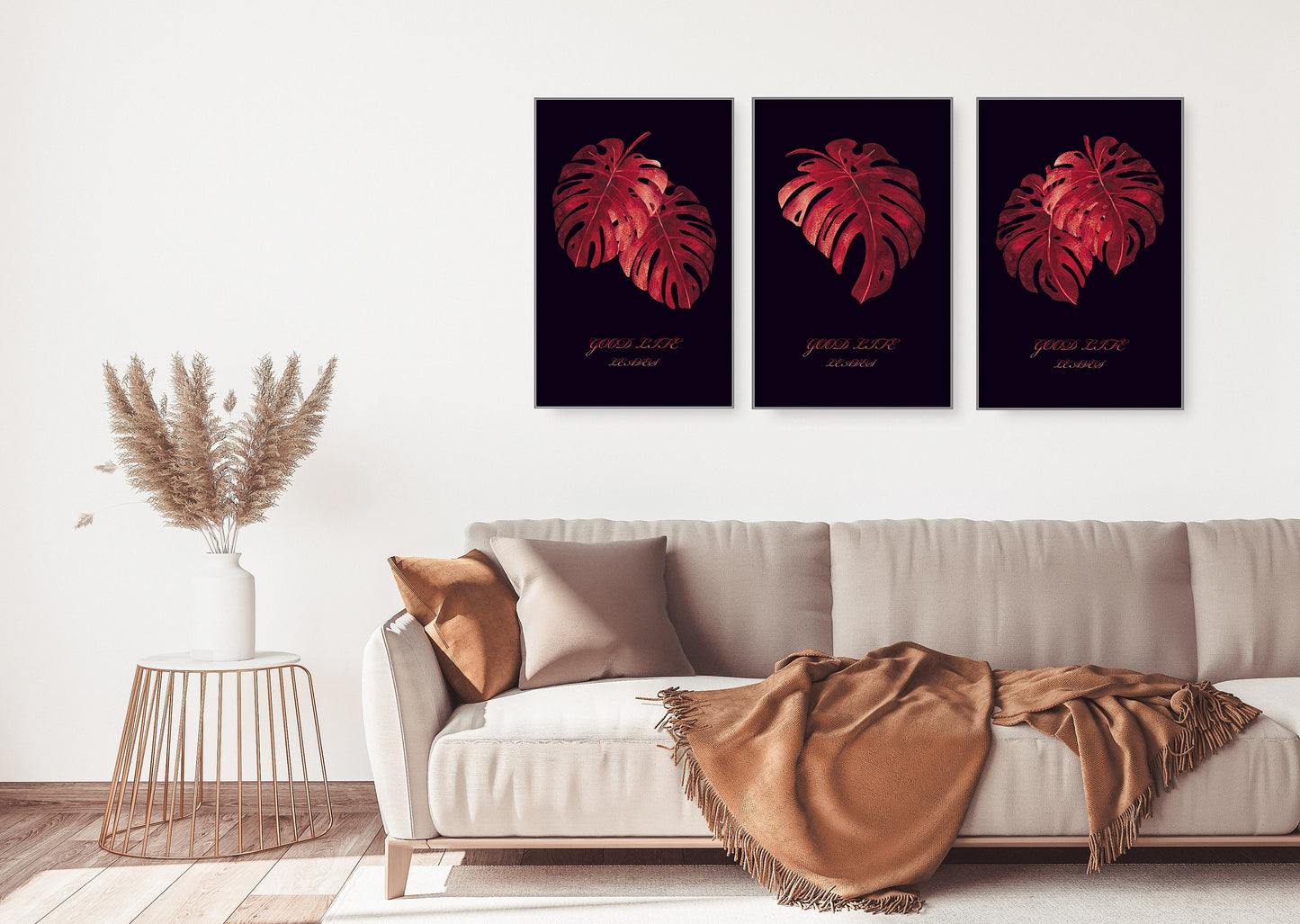 Set of 3 nature canvas prints, red leaves floating frame wall art, extra large botanical wall hanging decor, trendy three piece artwork