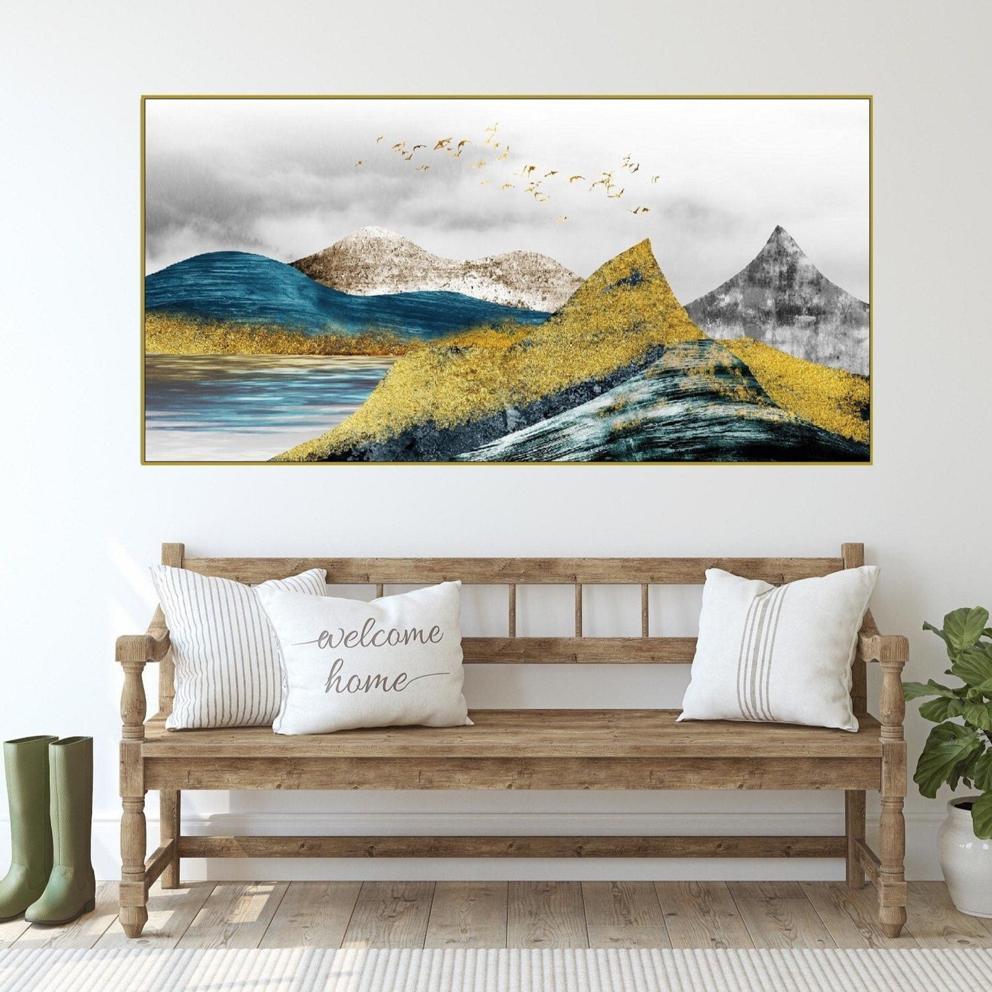 Golden mountains framed wall art, printable landscape artwork in floater frame, large blue gold canvas print, living room canvas wall art