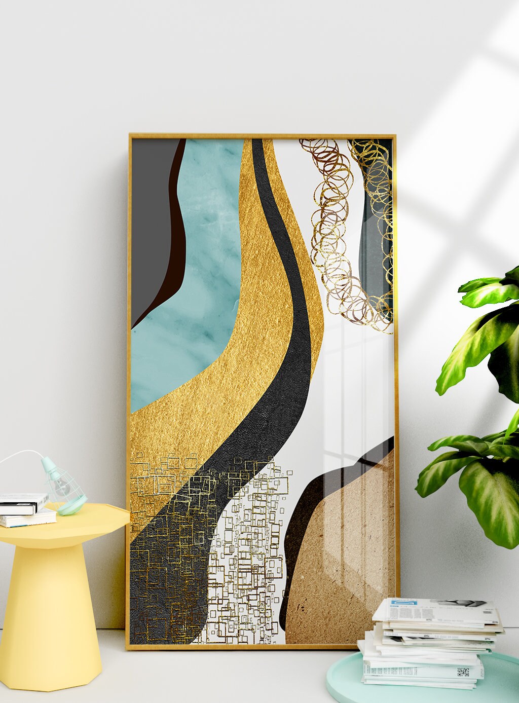 Large abstract floater frame wall art, colorful printable artwork, framed abstract golgen waves canvas artwork, living room hanging wall art